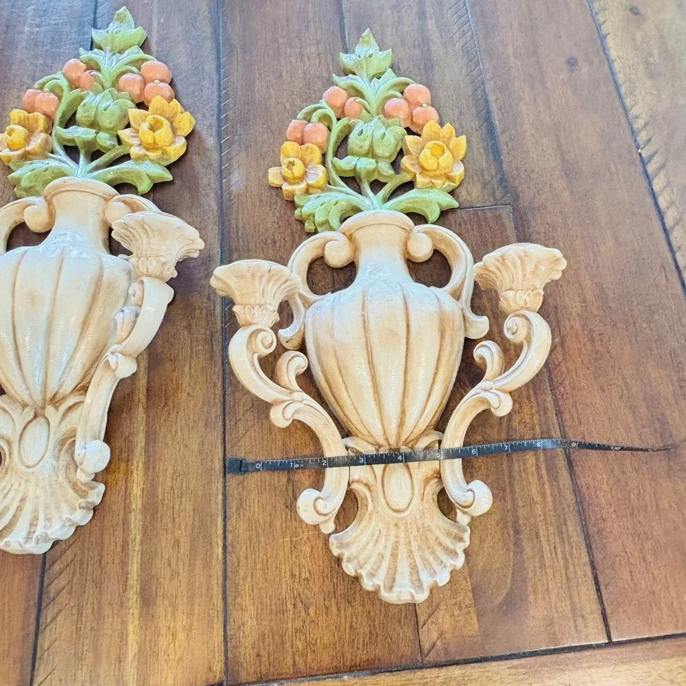 Vintage Homco Burwood Floral Sconce Candle Holders Pair Syroco Style USA‎ 4104